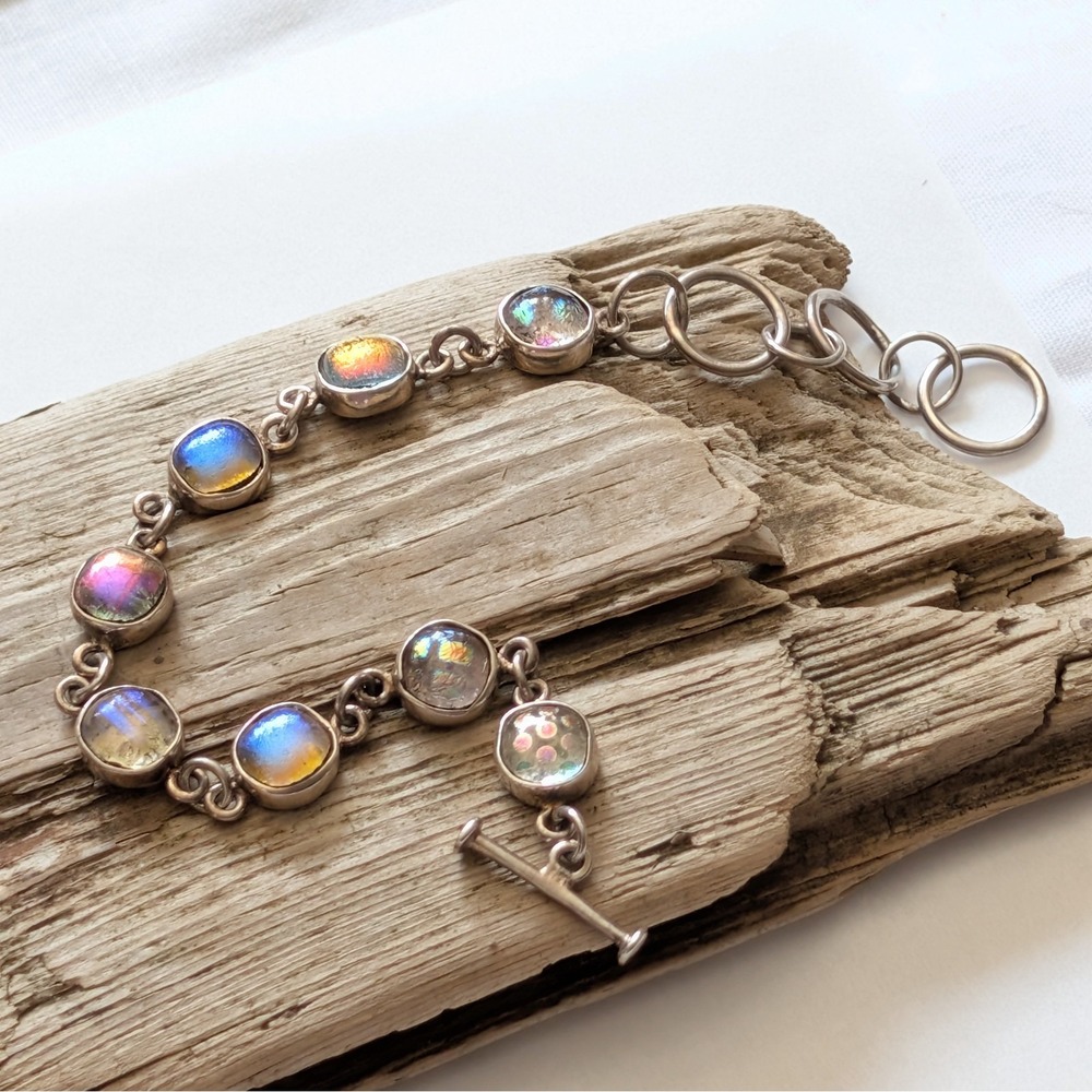 Artisan 925 Sterling Silver Dichroic Glass Bracelet Adjustable Toggle Vintage